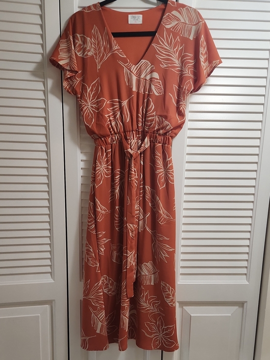 Sienna Sky Dresses & Skirts - Sienna Sky Rust Floral Midi Dress with Cream Leaf Print